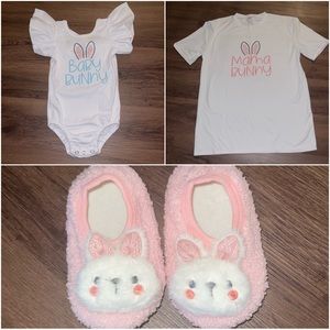 Mommy & Me Matching Bunny Shirt (L) & Leotard (6-12m) + Baby Bunny Slippers (1y)